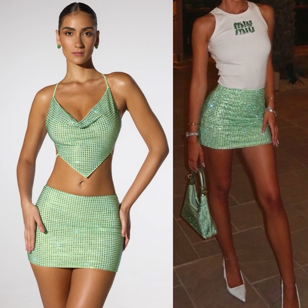 Oh Polly Cruz Embellished Mini Skirt in Sage Green